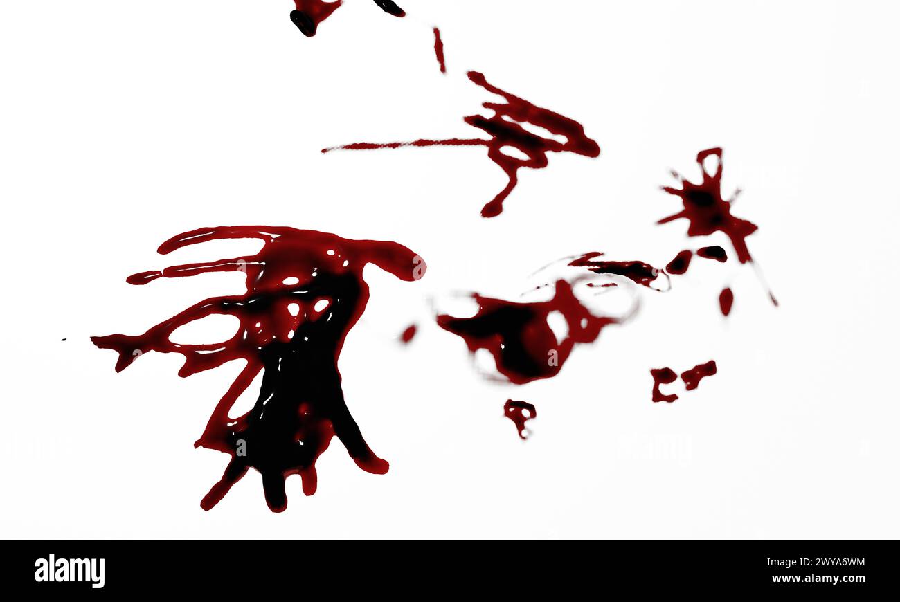 3D-Darstellung von Blutflecken, Spritzern oder Spritzern für Tatort- oder Gewaltkonzept Stockfoto
