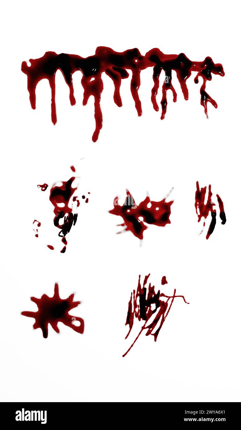 3D-Darstellung von Blutflecken, Spritzern oder Spritzern für Tatort- oder Gewaltkonzept Stockfoto
