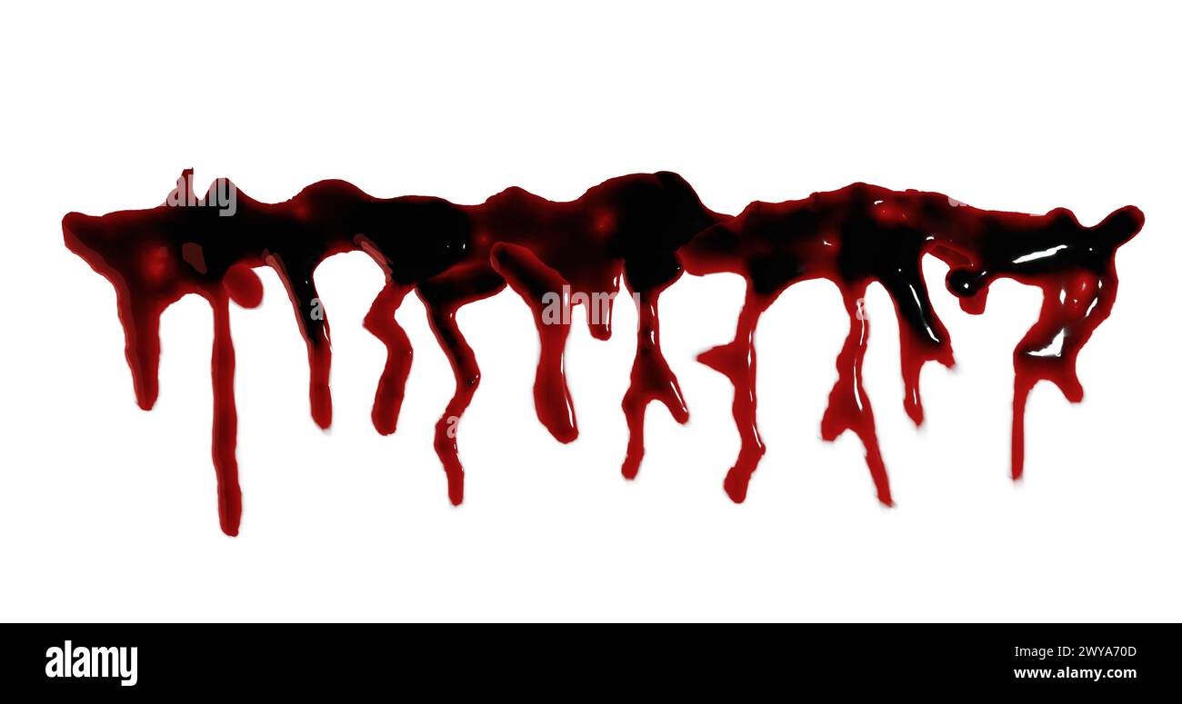 3D-Darstellung von Blutflecken, Spritzern oder Spritzern für Tatort- oder Gewaltkonzept Stockfoto