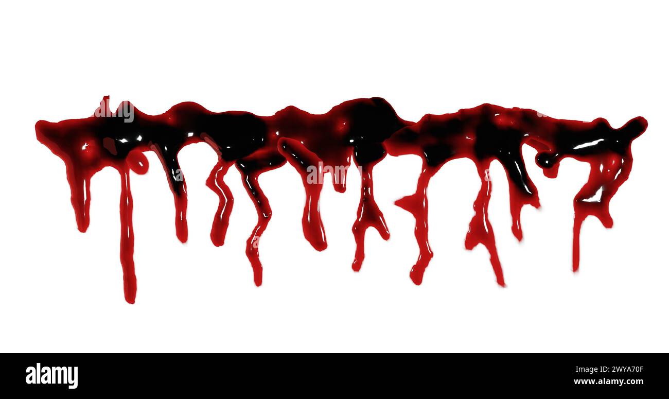 3D-Darstellung von Blutflecken, Spritzern oder Spritzern für Tatort- oder Gewaltkonzept Stockfoto