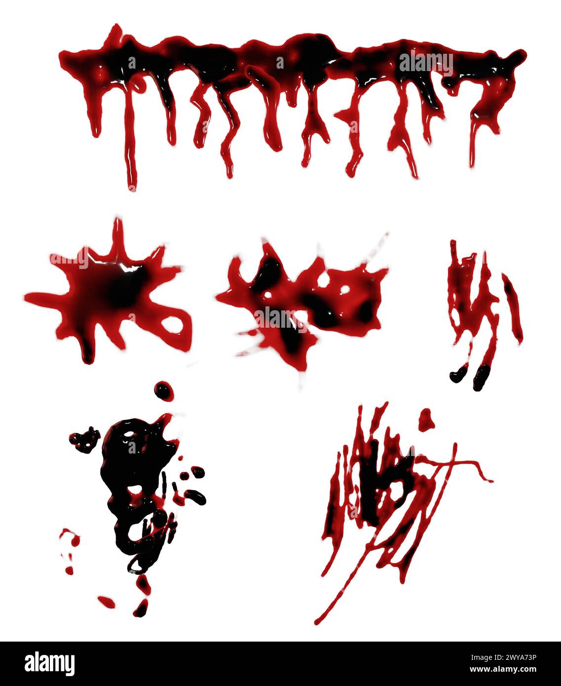 3D-Darstellung von Blutflecken, Spritzern oder Spritzern für Tatort- oder Gewaltkonzept Stockfoto