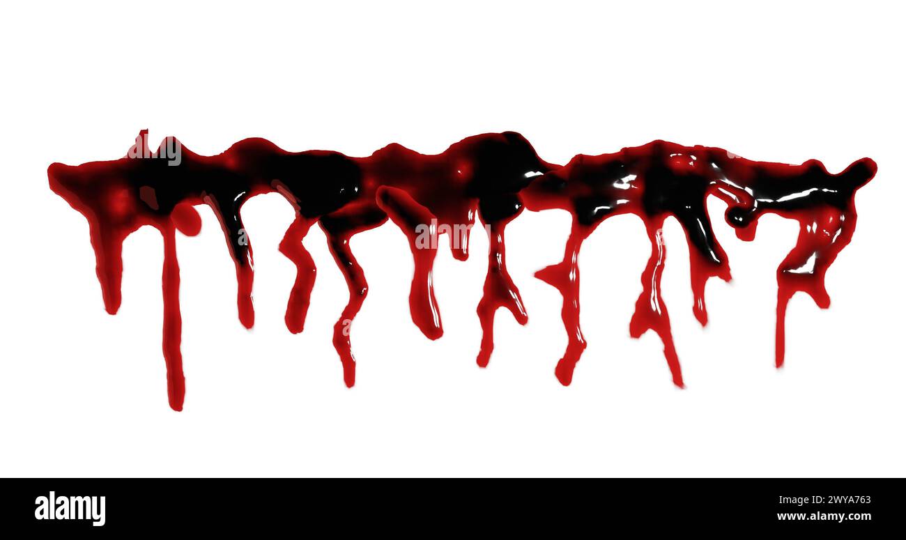 3D-Darstellung von Blutflecken, Spritzern oder Spritzern für Tatort- oder Gewaltkonzept Stockfoto