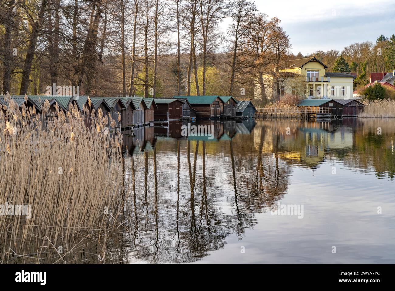 Bootshäuser am Feldberger Haussee, Feldberger Seenlandschaft, Mecklenburg-Vorpommern, Deutschland | Bootshäuser am Feldberger Haussee, Feldberge Stockfoto