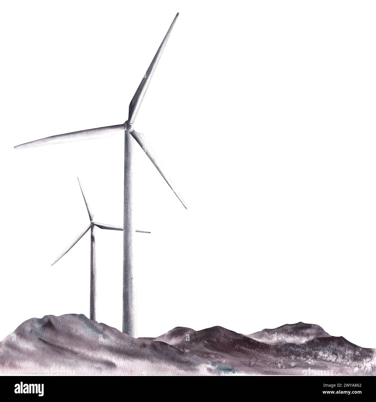 Einfarbige Landschaft mit Windmühlen, Windkraftanlagen auf Bergketten. Handgezeichnete Illustration, Öko Clipart, Klima, alternative Energie Stockfoto