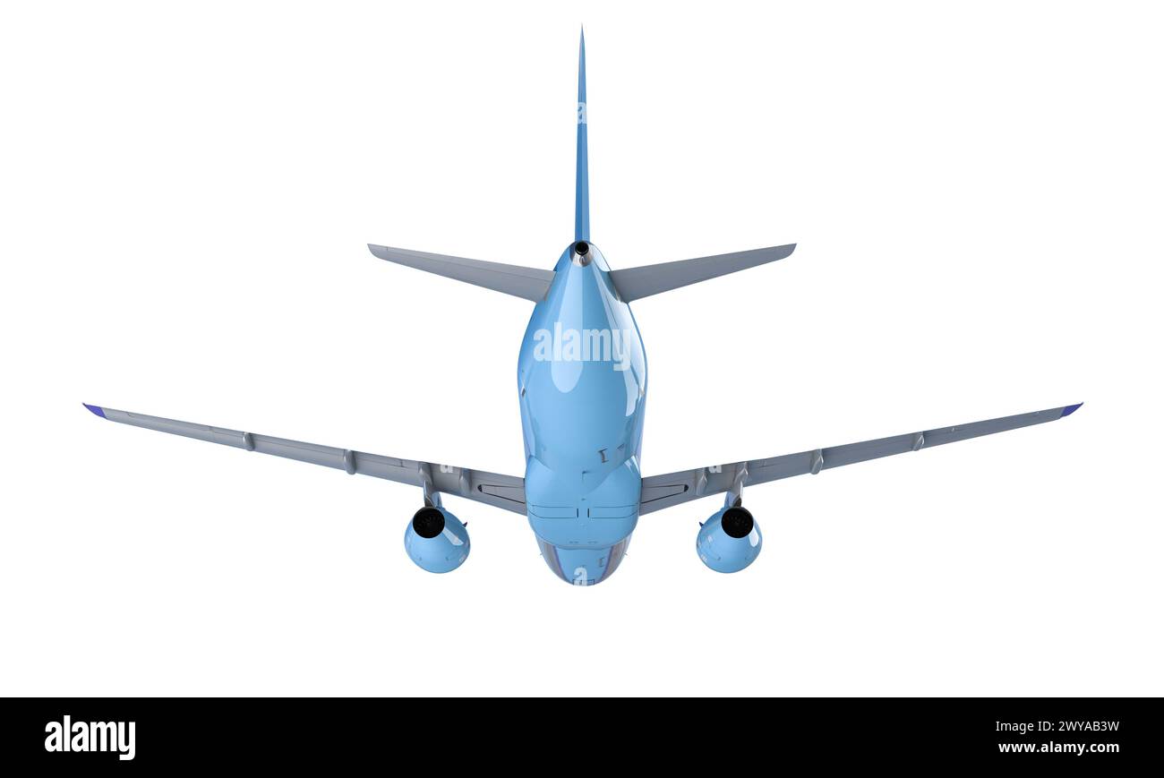 Rückansicht eines Verkehrsflugzeugs im Flug mit einem sauberen weißen Hintergrund Stockfoto