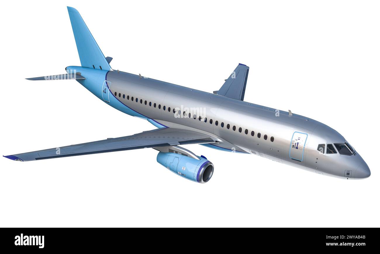 3D-Darstellung eines modernen Passagierflugzeugs mit blauem Tail und Motoren, isoliert auf weißem Hintergrund Stockfoto