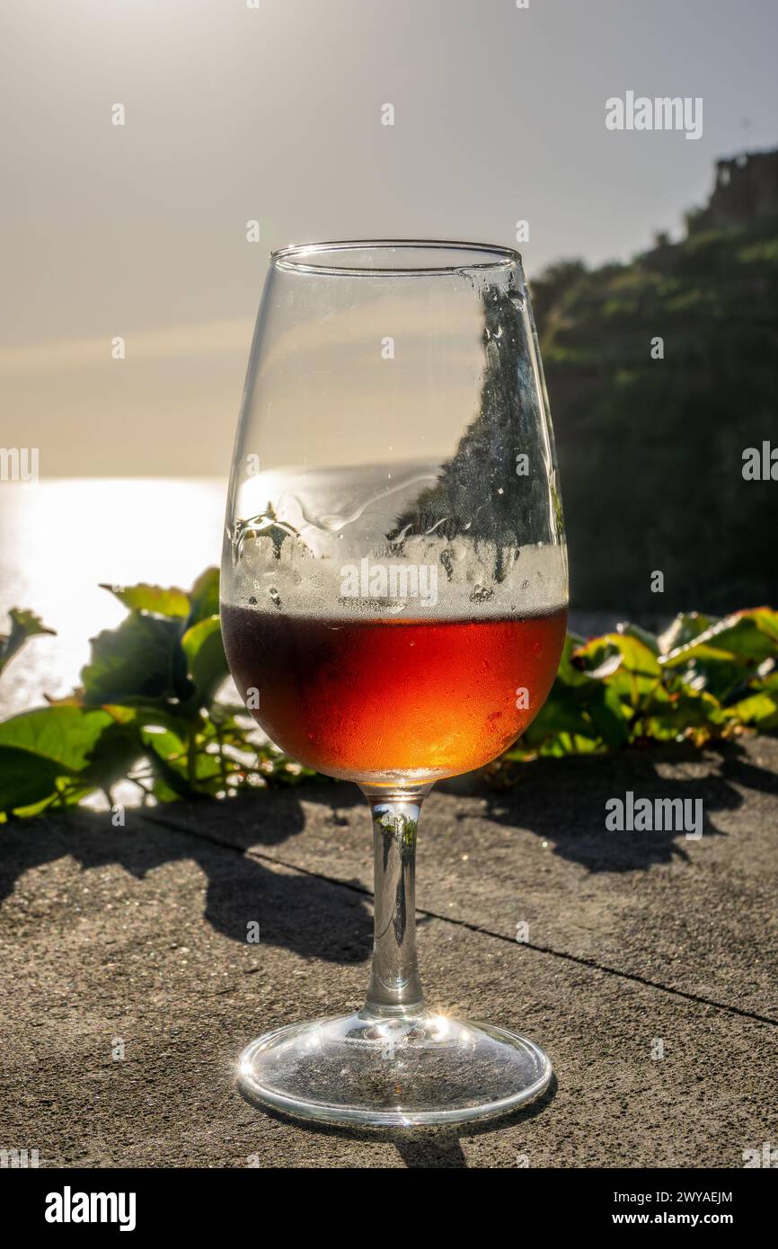 Ein Glas Madeira-Wein bei Sonnenuntergang, Weinprobe, Insel Madeira, Portugal Stockfoto