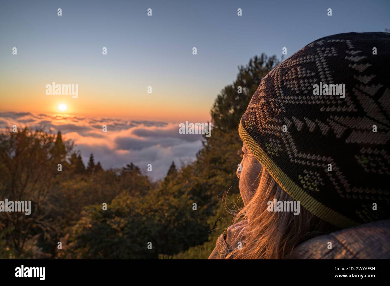 Nahaufnahme einer Frau in warmer Kleidung, die einen ruhigen Sonnenuntergang über einem Wolkenmeer von einem hohen Aussichtspunkt im Alishan National Park genießt Stockfoto