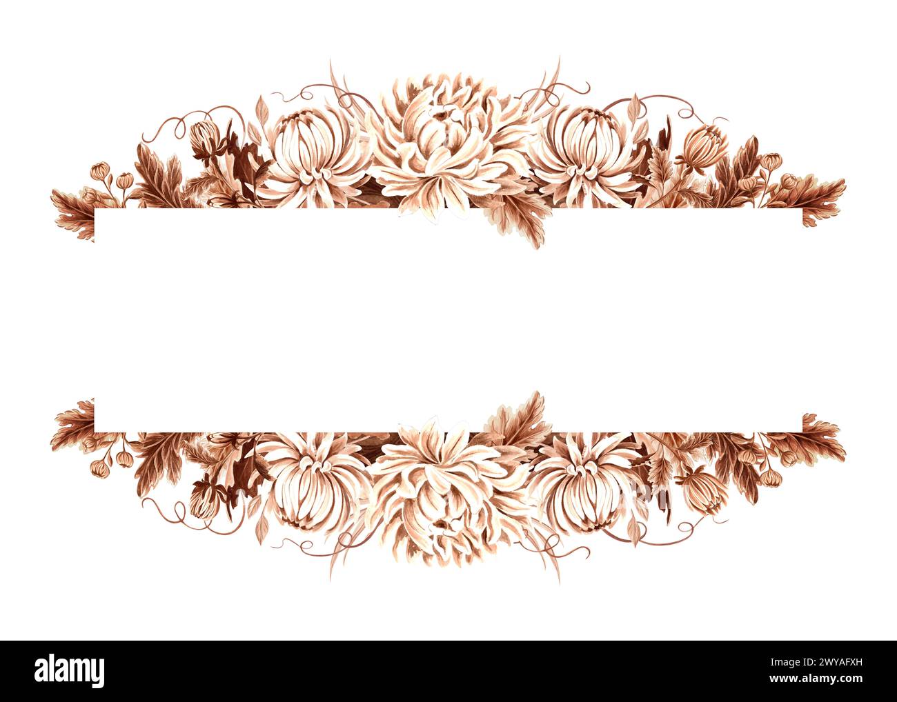 Rechteckiger Vintage-Rahmen aus Chrysanthemen-Blumen. Einfarbige handgezeichnete Herbstaquarellabbildung. Isolierte Blumenkranz Vorlage mit Stockfoto