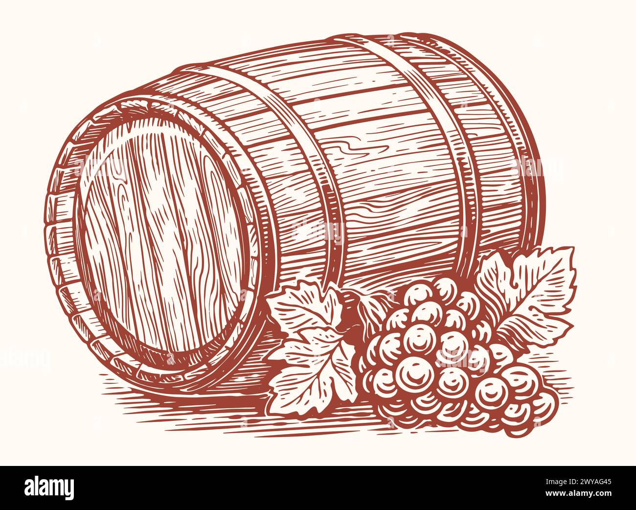 Altes Holzfass und reife Trauben mit Blättern. Eichenfässer mit alkoholischem Getränk Wein. Illustration des Skizzenvektors Stock Vektor