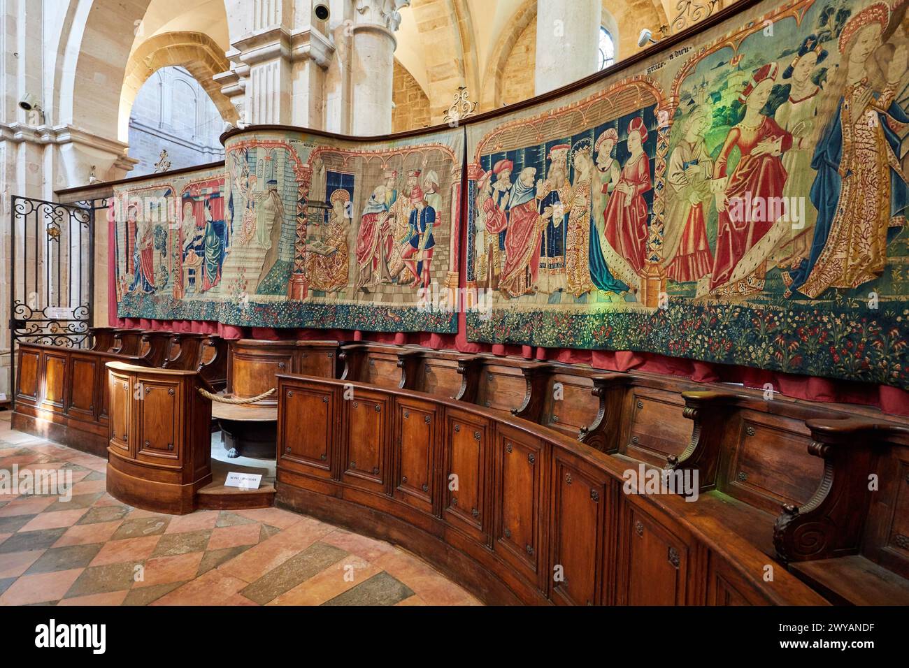 Wandteppich des Lebens der Jungfrau, Collégiale Notre-Dam, Beaune, Cote d'Or, Region Burgund, Bourgogne, Frankreich, Europa. Stockfoto