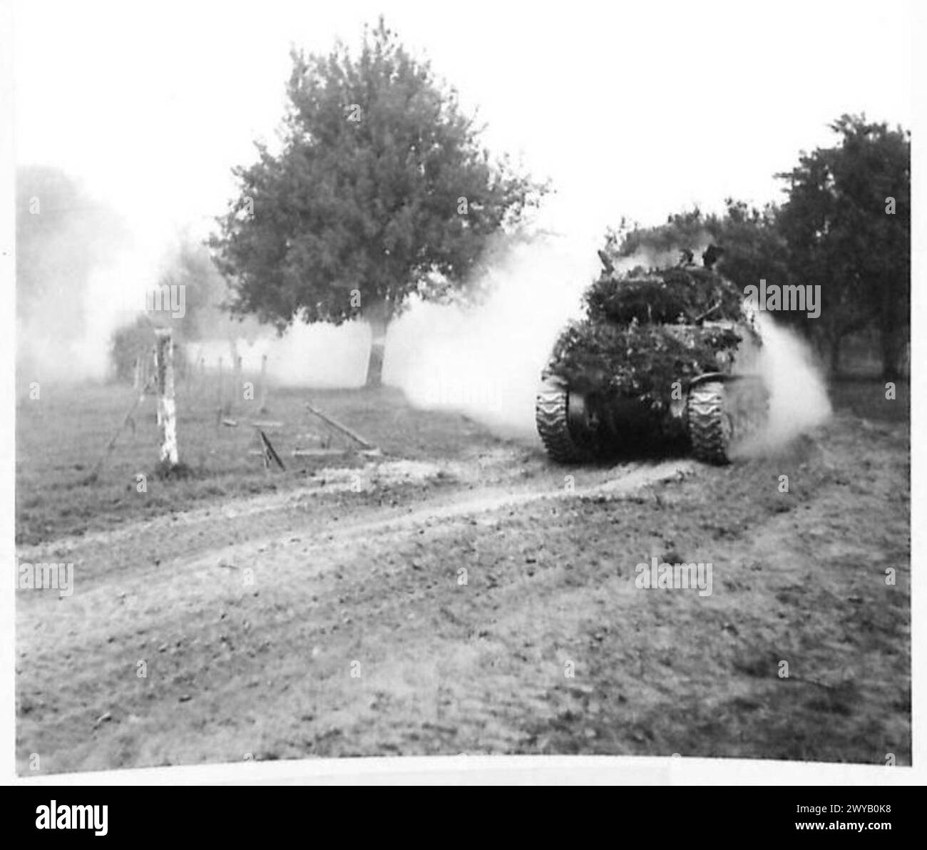 Panzer der 7. Panzerdivision, die Desert Rats, bewegen sich während der Operationen der britischen Armee in der Normandie durch Nebel und Staub am frühen Morgen zwischen Caumont und Villers-Bocage. Stockfoto