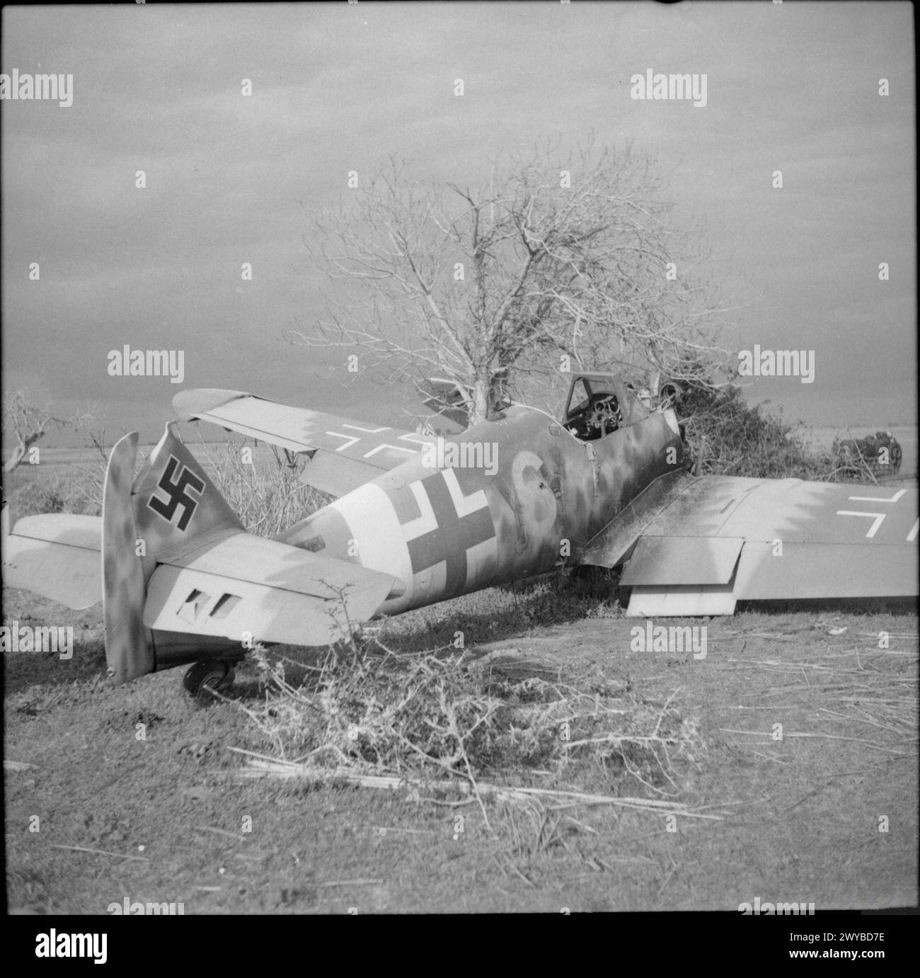 DIE LUFTWAFFE 1939-1945 – Ein deutscher Messerschmitt Bf 109 wurde am 25. Januar 1944 im Brückenkopf Anzio abgeschossen. , Stockfoto