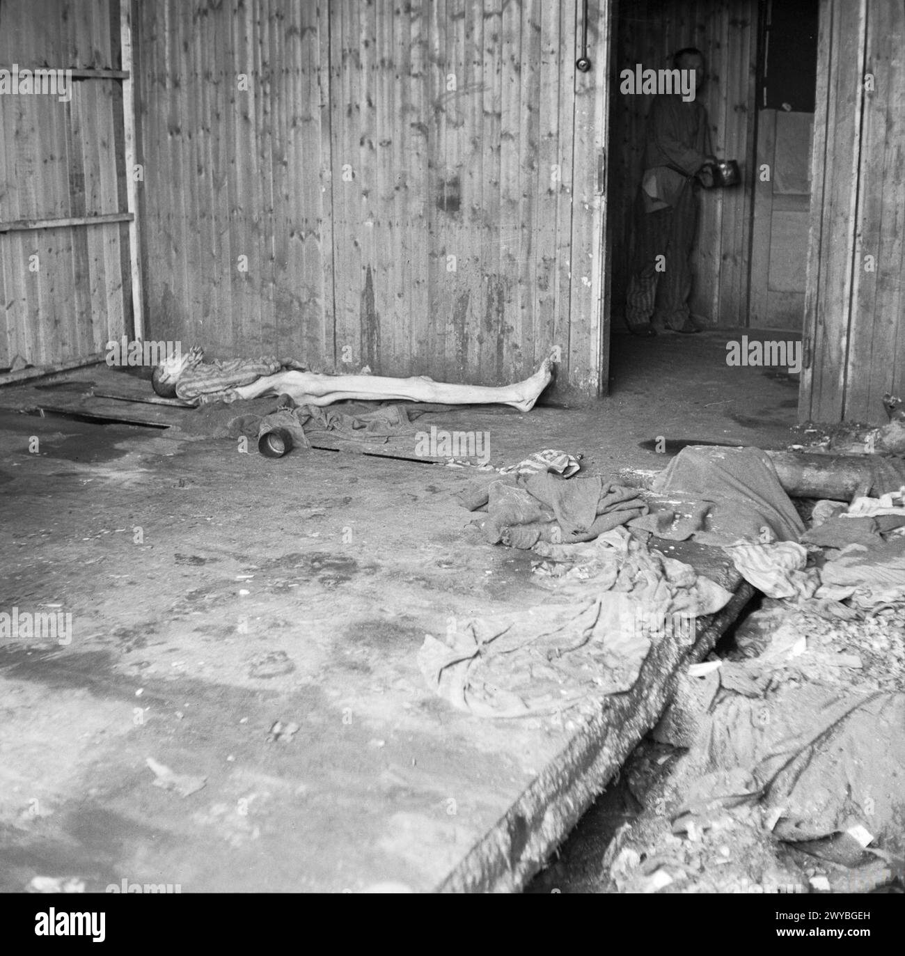 In einer Hütte im Konzentrationslager Sandbostel ist nach der Evakuierung eine ausgemergelte Leiche, teilweise in gestreifter Lageruniform gekleidet, im April 1945. Stockfoto