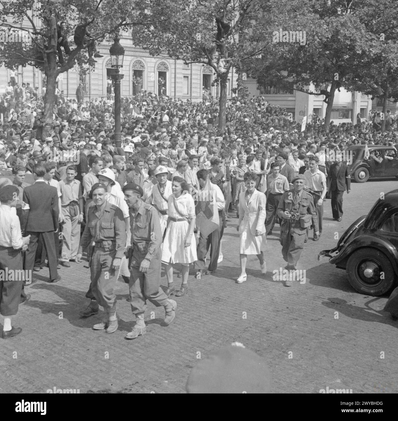 Nach der Befreiung von Paris waren die Straßen der Stadt voller Menschen, die die alliierten Armeen feierten und begrüßten. Stockfoto