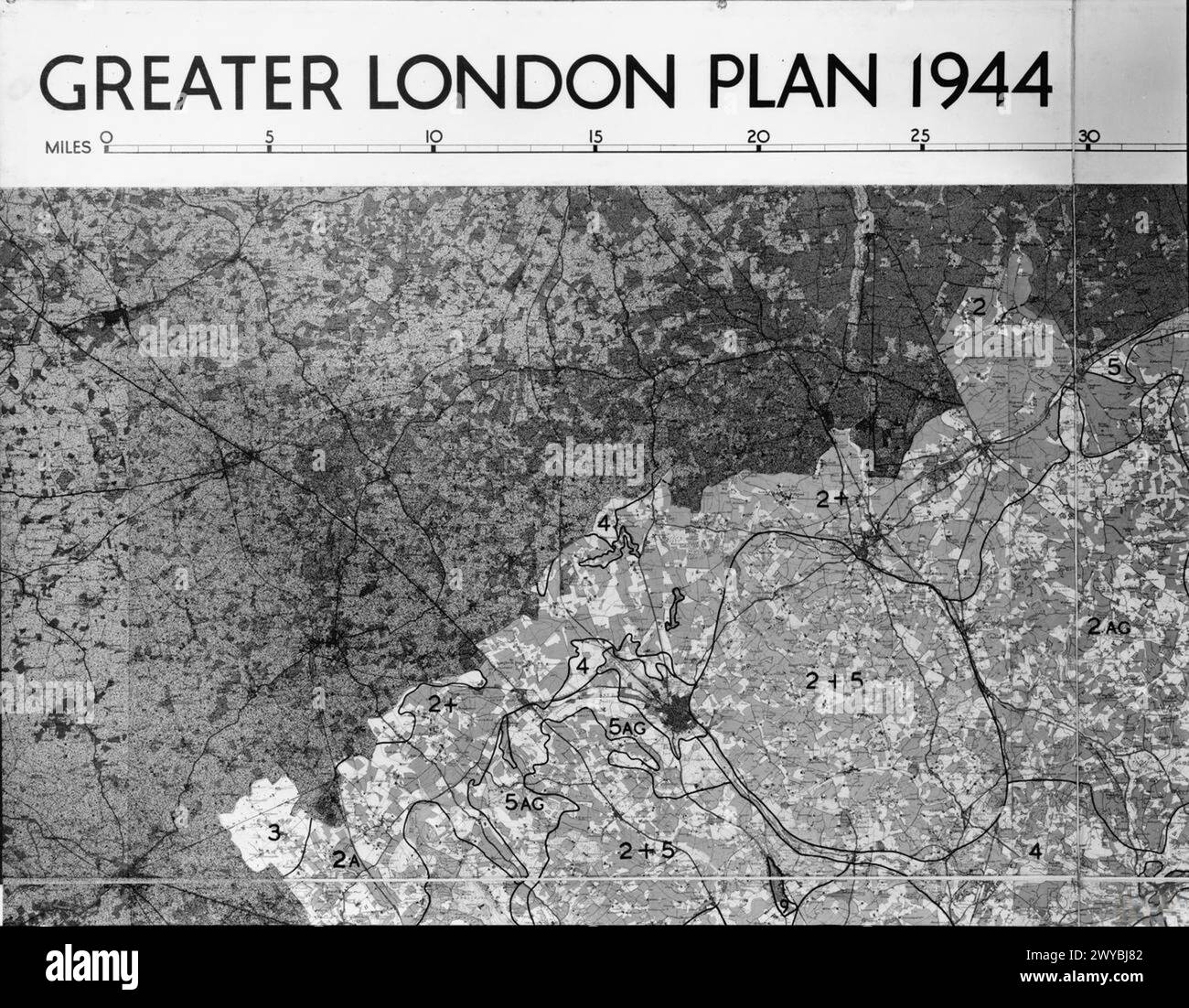 Kartenabschnitt aus dem Greater London Plan 1944 von Professor Abercrombie, der die landwirtschaftliche Nutzung und Klassifizierung von Großraum London für die Nachkriegsplanung und den Wiederaufbau zeigt. Stockfoto