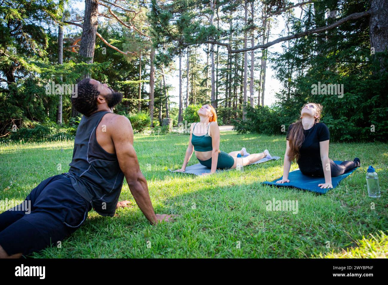 Drei Leute machen Yoga in einem Park. Einer von ihnen ist ein Mann mit Bart. Die anderen beiden sind Frauen Stockfoto