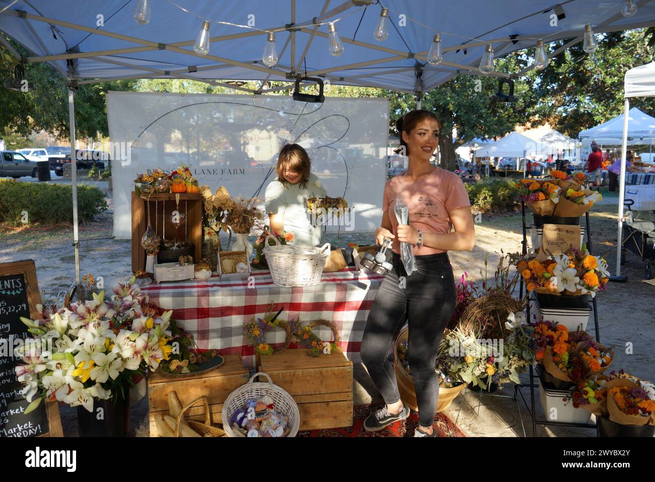 Lebhafter Blumenmarkt am Plaza Ferdinand VII, wo die Einheimischen das herbstliche Ambiente genießen, am 8. November 2023. Stockfoto