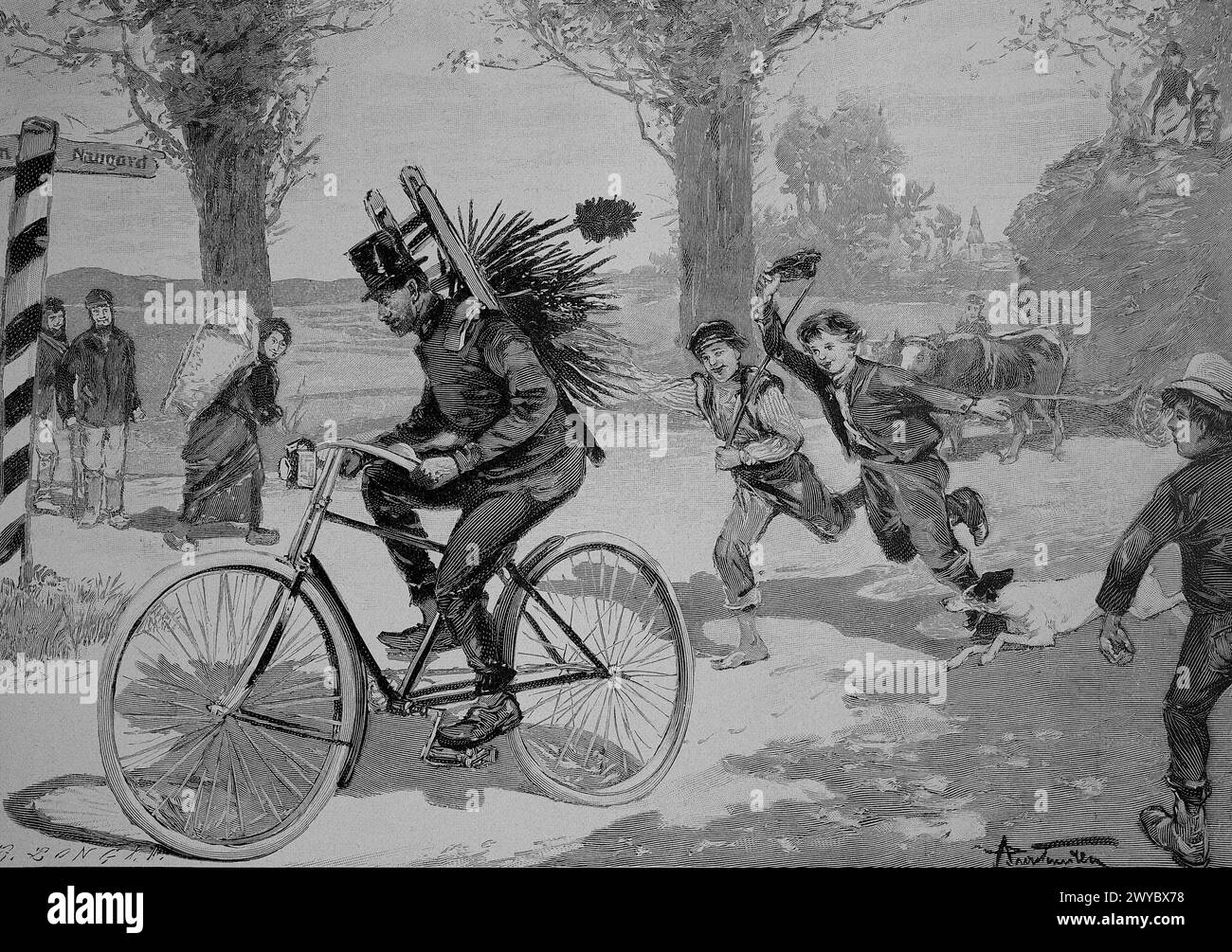 Schornsteinfeger auf dem Fahrrad / Chimney Sweep on bike in 1870, Historisch, digital restaurierte Reproduktion einer Originalvorlage aus dem 19. Jahrhundert, genaues Originaldatum nicht bekannt / historische, digital verbesserte Reproduktion eines Originals aus dem 19.. Jahrhundert, Stockfoto