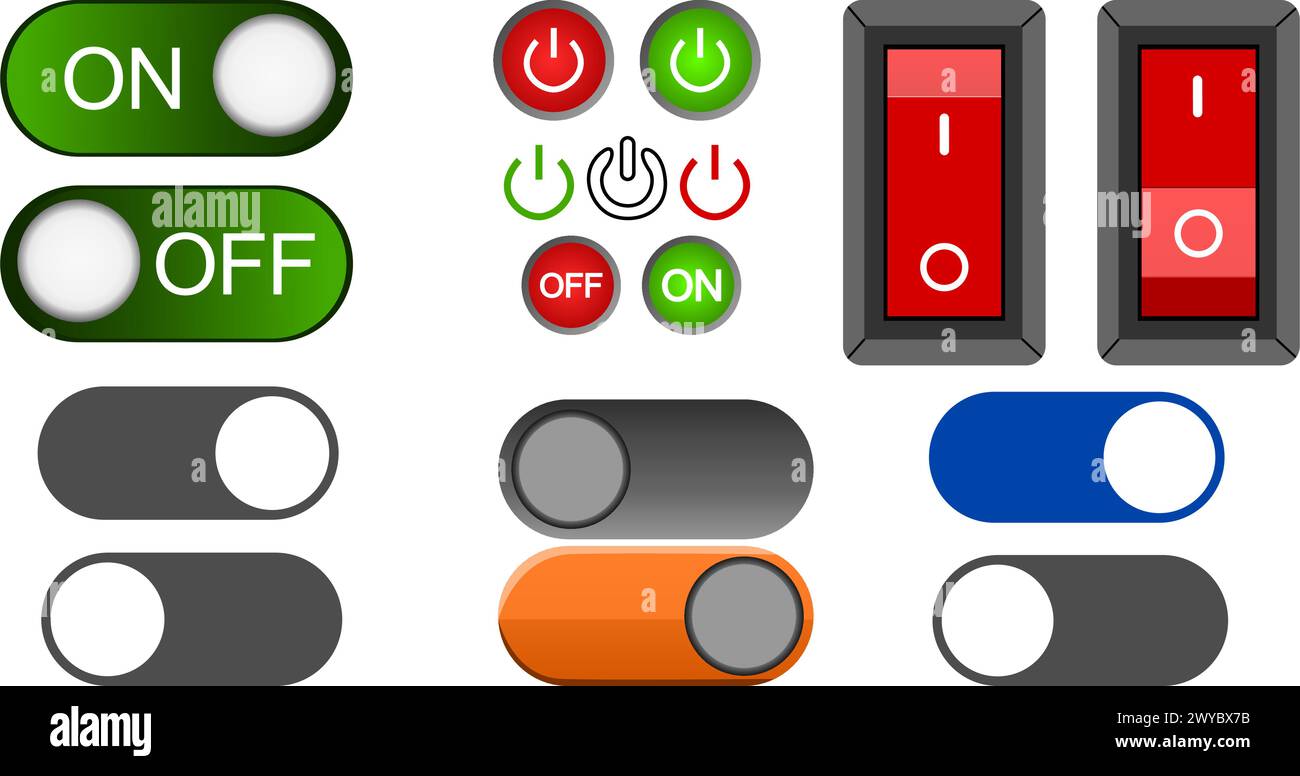 Eine Sammlung vielseitiger ein-aus-Symbole, ein-aus-Symbole und ein Schaltersymbol in isolierten Vektorabbildungen, verfügbar im EPS-Format. Stock Vektor