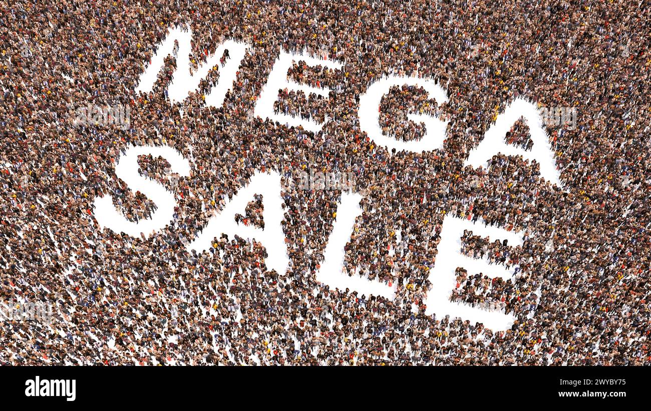 Konzept oder konzeptionelle große Community von Menschen, die die MEGA-SALE-Botschaft bilden. 3D Abbildung Metapher für Sonderangebot, Rabatt, Coupon, Deal Stockfoto