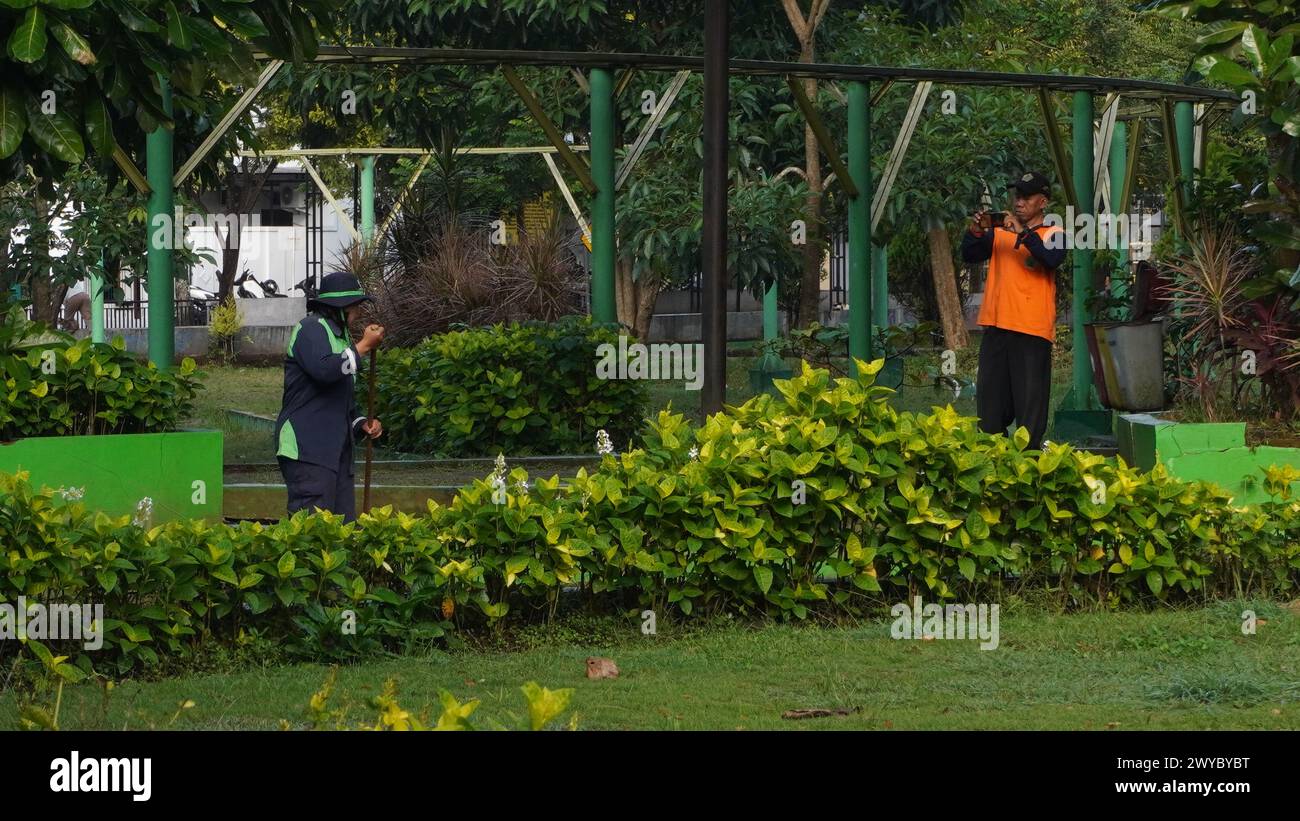 Eine Putzfrau, die im Singha Park in Malang herumfegt und von ihrem Freund mit einem Handy dokumentiert wurde Stockfoto