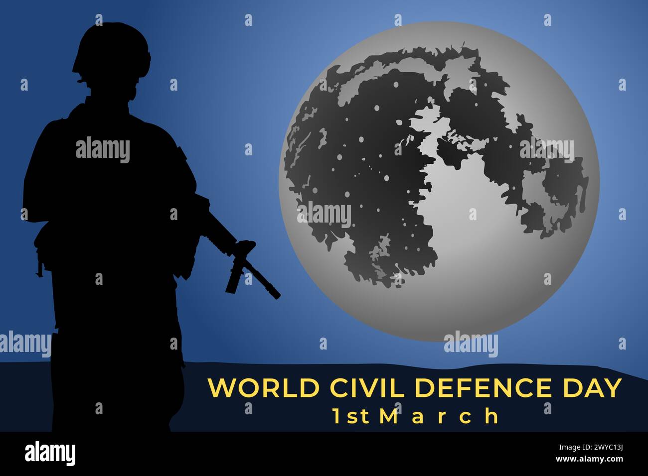 Nachtwächter-Soldat-Silhouette mit Pistole neben dem Grand Crescent Moon zu Ehren des Weltzivilen Verteidigungstages. Für soziale Medien perfekt für Bannerbilder Stock Vektor