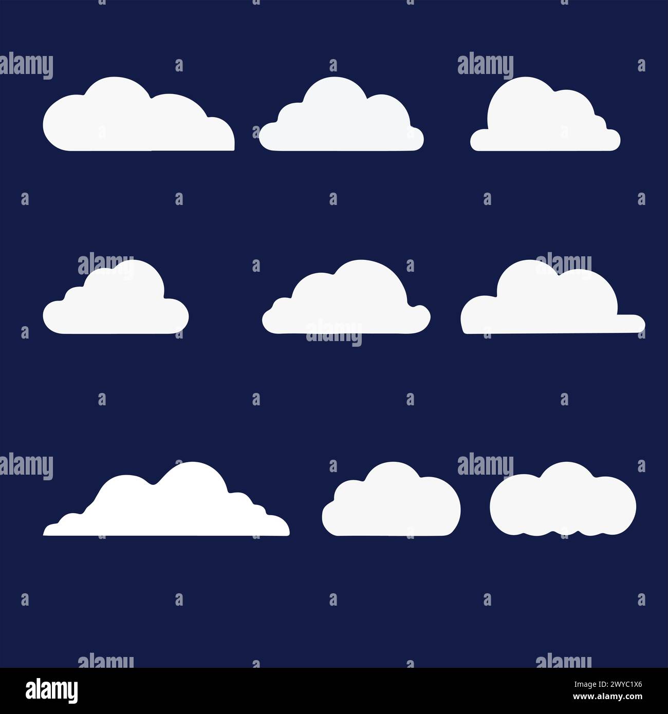 Wolke. Wunderschönes abstraktes weißes wolkiges Set isoliert auf blauem Hintergrund. Vektorabbildung Stock Vektor