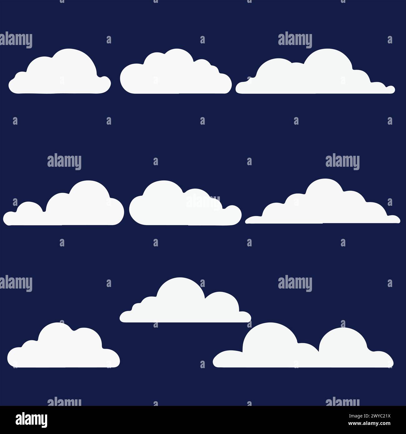 Wolke. Niedliches abstraktes weißes wolkiges Set isoliert auf blauem Hintergrund. Vektorabbildung Stock Vektor