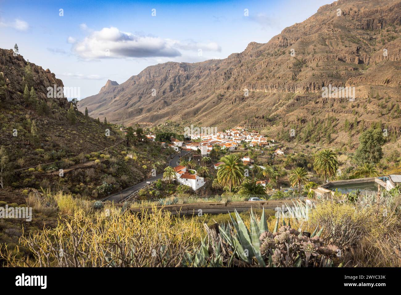 Blick hinunter auf das Bergdorf Fataga in den zentralen Bergen von Grand Canary (Gran Canaria), Kanarischen Inseln, Spanien. Stockfoto