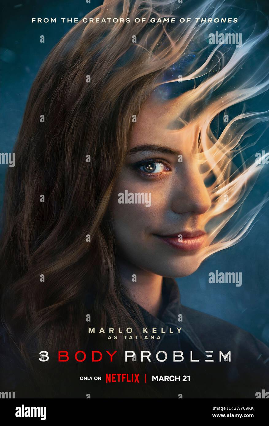 3 Body Problem (2024) von David Benioff, D. B. Weiss und Alexander Woo mit Marlo Kelly als Tatiana Haas. Adaption von Liu Cixins epischem Roman über außerirdische Kontakte und ihre bevorstehende Ankunft als verschiedene Fraktionen planen, die Invasion zu begrüßen und zu bekämpfen. Charakterposter.***NUR REDAKTIONELLE VERWENDUNG*** Guthaben: BFA/Netflix Stockfoto