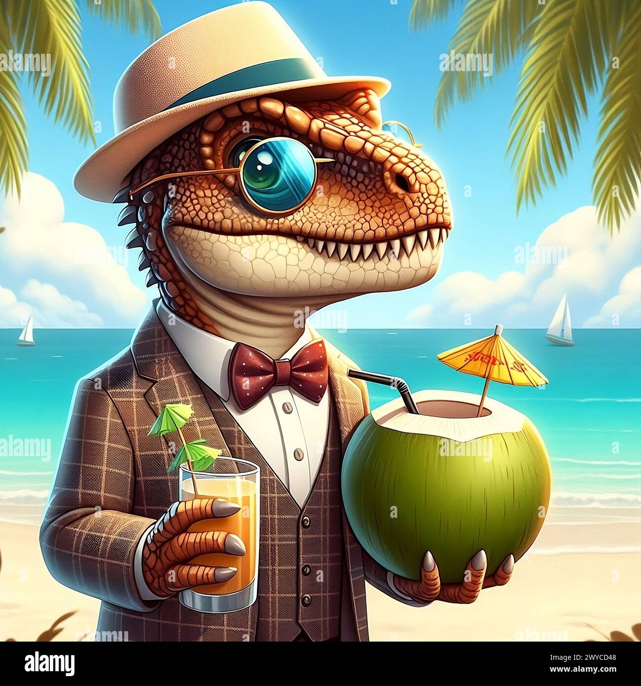 Eine AI-Illustration eines Urlaubs-rex in Sonnenbrille und Strandhut mit einem Getränk am Ufer Stockfoto