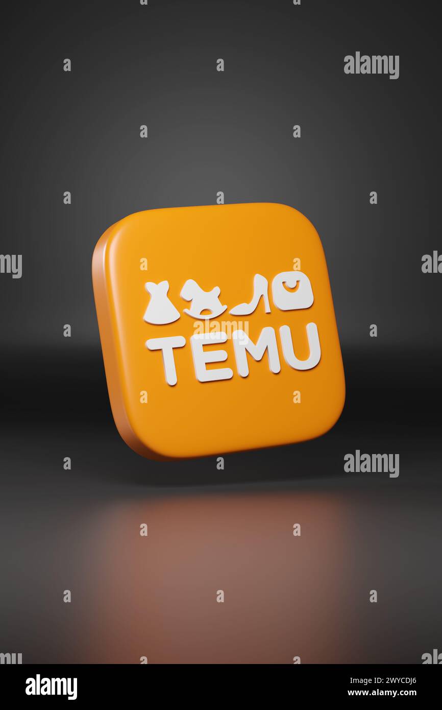 Buenos Aires, Argentinien - 3. April 2024: Dreidimensionales Temu-Logo auf dunklem Hintergrund. 3D-Abbildung. Stockfoto