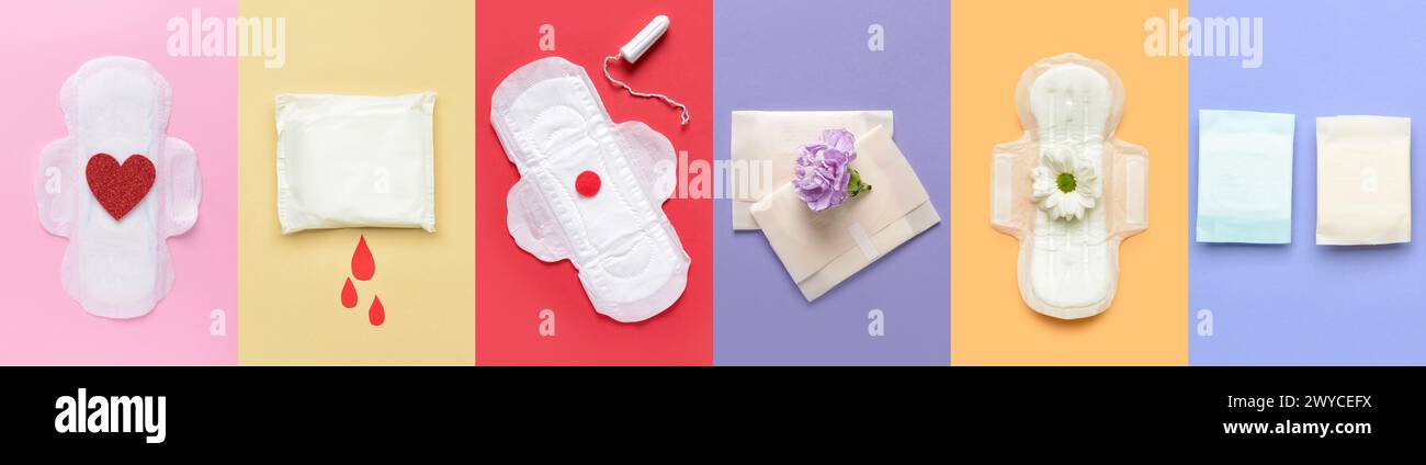 Set aus Menstruationspads und Tampon auf farbigem Hintergrund Stockfoto