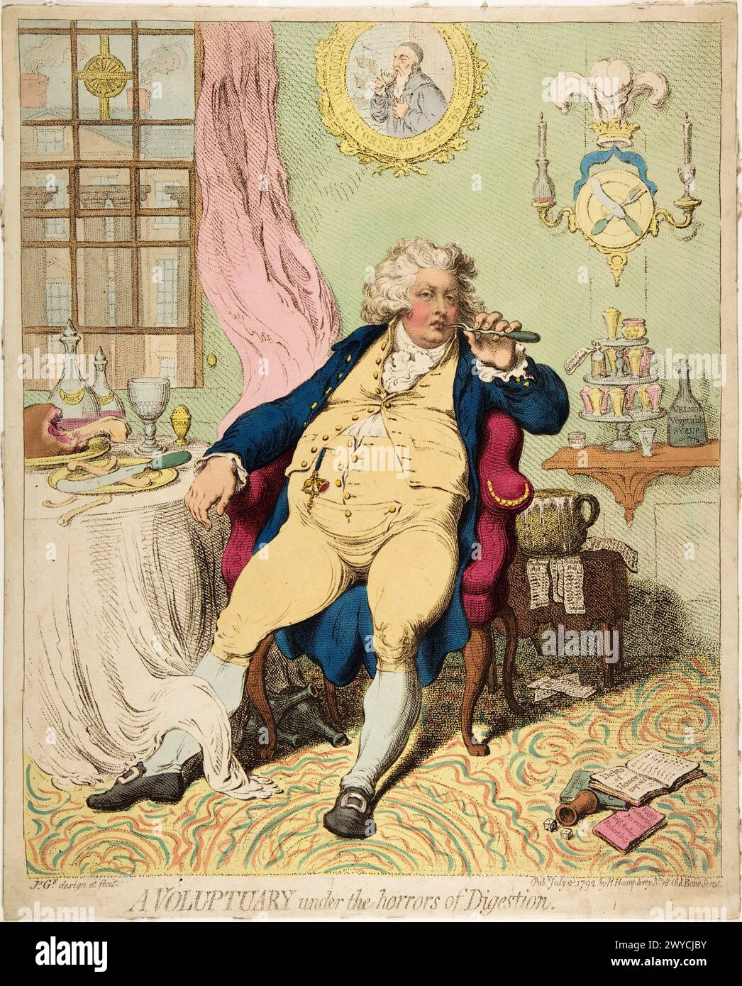 Ein Voluptuary unter den Schrecken der Verdauung. James Gillray, herausgegeben von Hannah Humphrey. 2. Juli 1792. Handgefärbtes Ätzen. Stockfoto