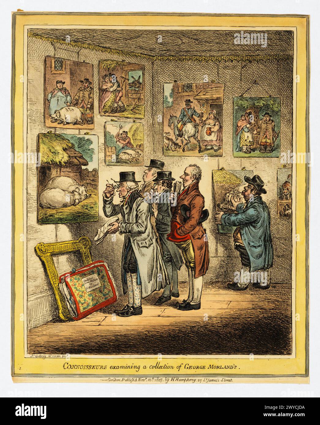 Kenner untersuchen eine Sammlung von George Morland James Gillray, herausgegeben von Hannah Humphrey. 16. November 1807. Handgefärbtes Ätzen. Stockfoto