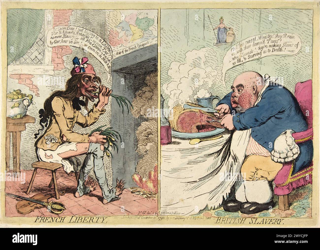 Französische Freiheit – Britische Sklaverei. James Gillray, herausgegeben von Hannah Humphrey. 21. Dezember 1792. Handgefärbtes Ätzen. Stockfoto