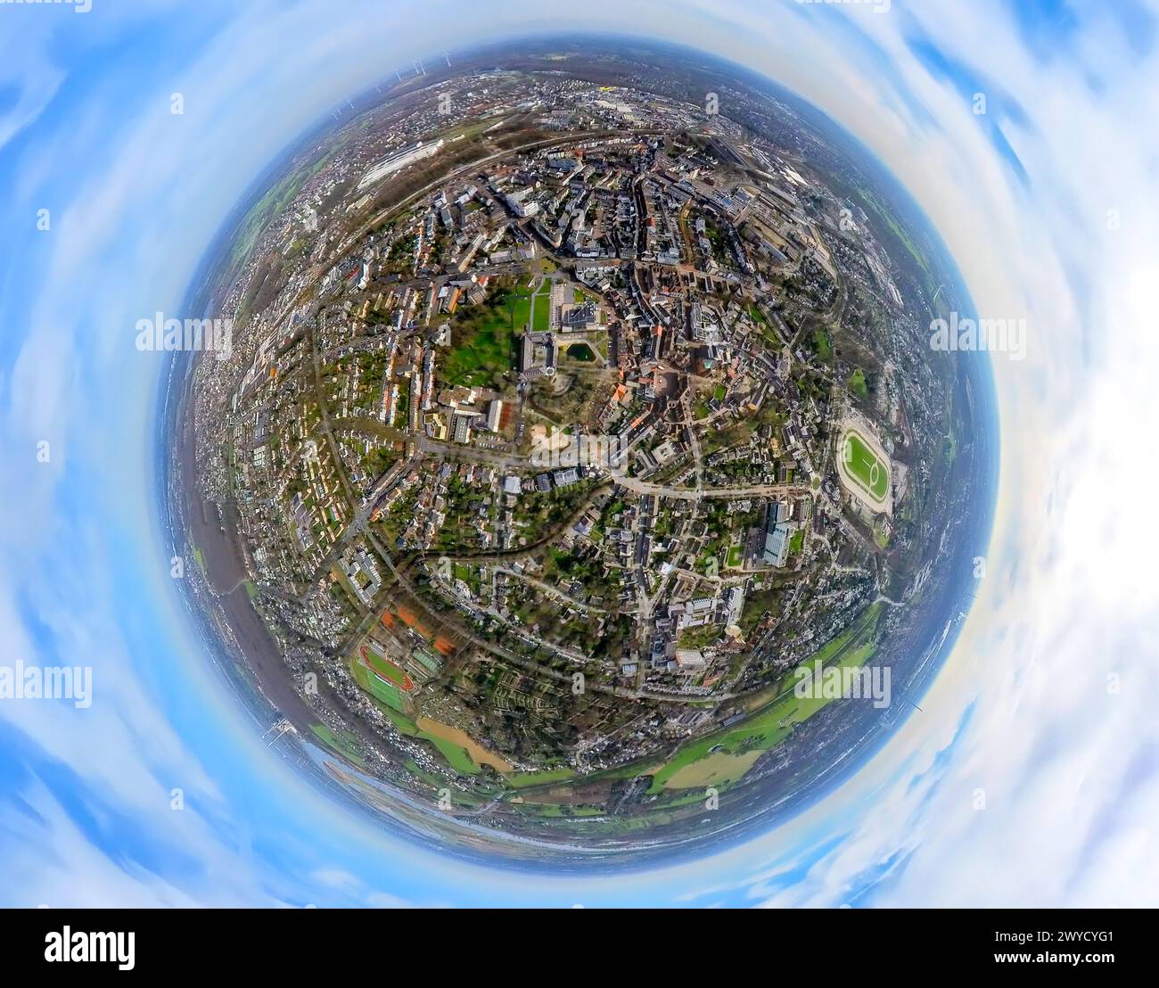 Luftbild, Rathaus am Stadtpark und Ententeich, Theodor-Heuss-Gymnasium, Kathrin-Türks-Halle Theater, Erdkugel, Fisheye Aufnahme, Fischaugen Aufnahme, Stockfoto