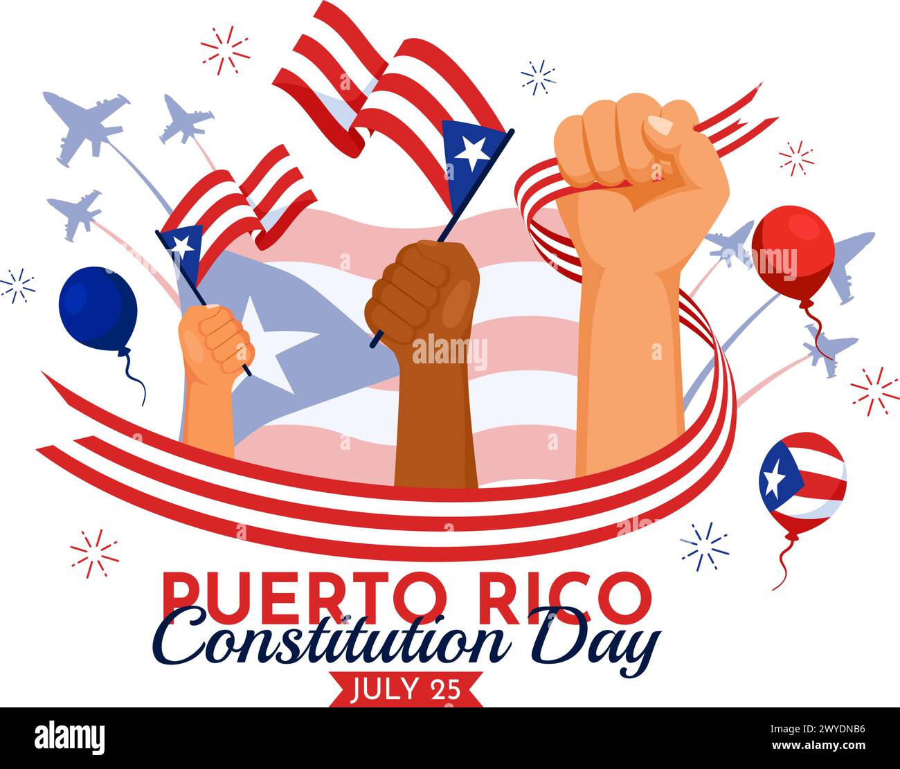 Glücklicher Puerto Rico Konstitutionstag Vektor-Illustration am 25. Juli mit wehender Flagge und Band im National Holiday Flat Cartoon Hintergrund Design Stock Vektor