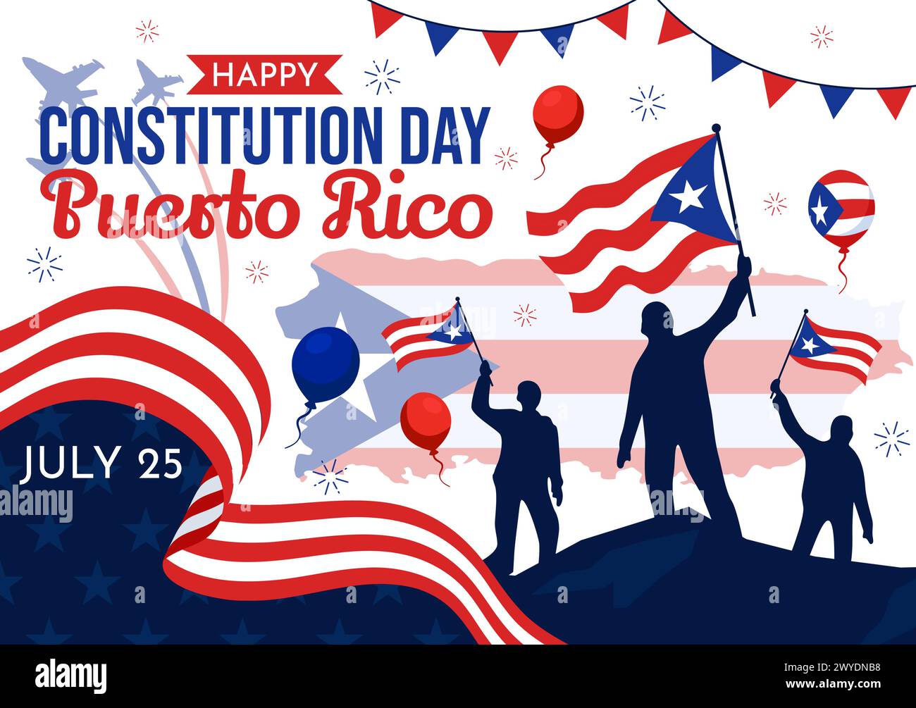 Glücklicher Puerto Rico Konstitutionstag Vektor-Illustration am 25. Juli mit wehender Flagge und Band im National Holiday Flat Cartoon Hintergrund Design Stock Vektor