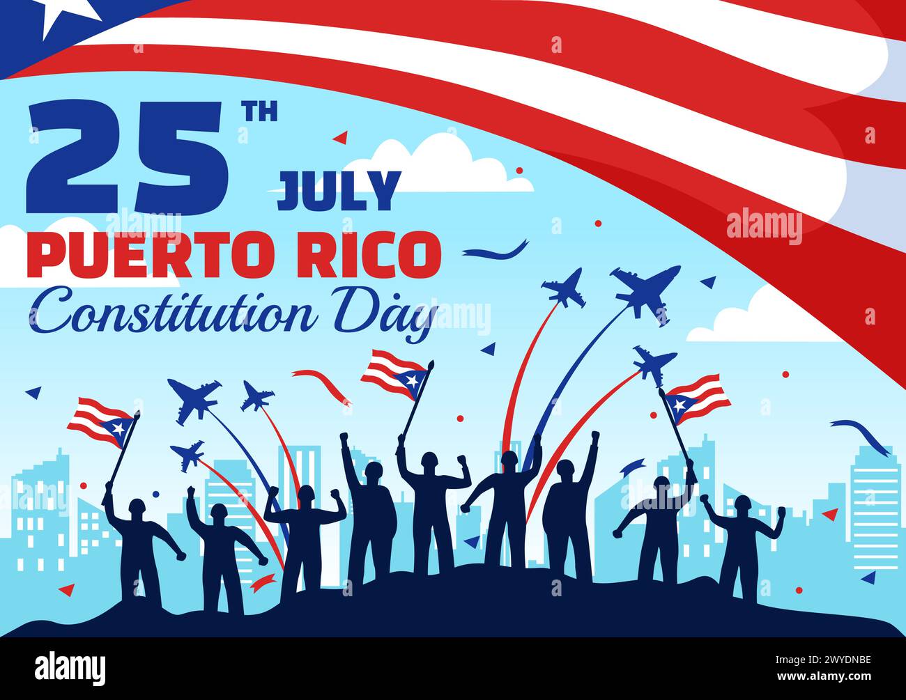 Glücklicher Puerto Rico Konstitutionstag Vektor-Illustration am 25. Juli mit wehender Flagge und Band im National Holiday Flat Cartoon Hintergrund Design Stock Vektor