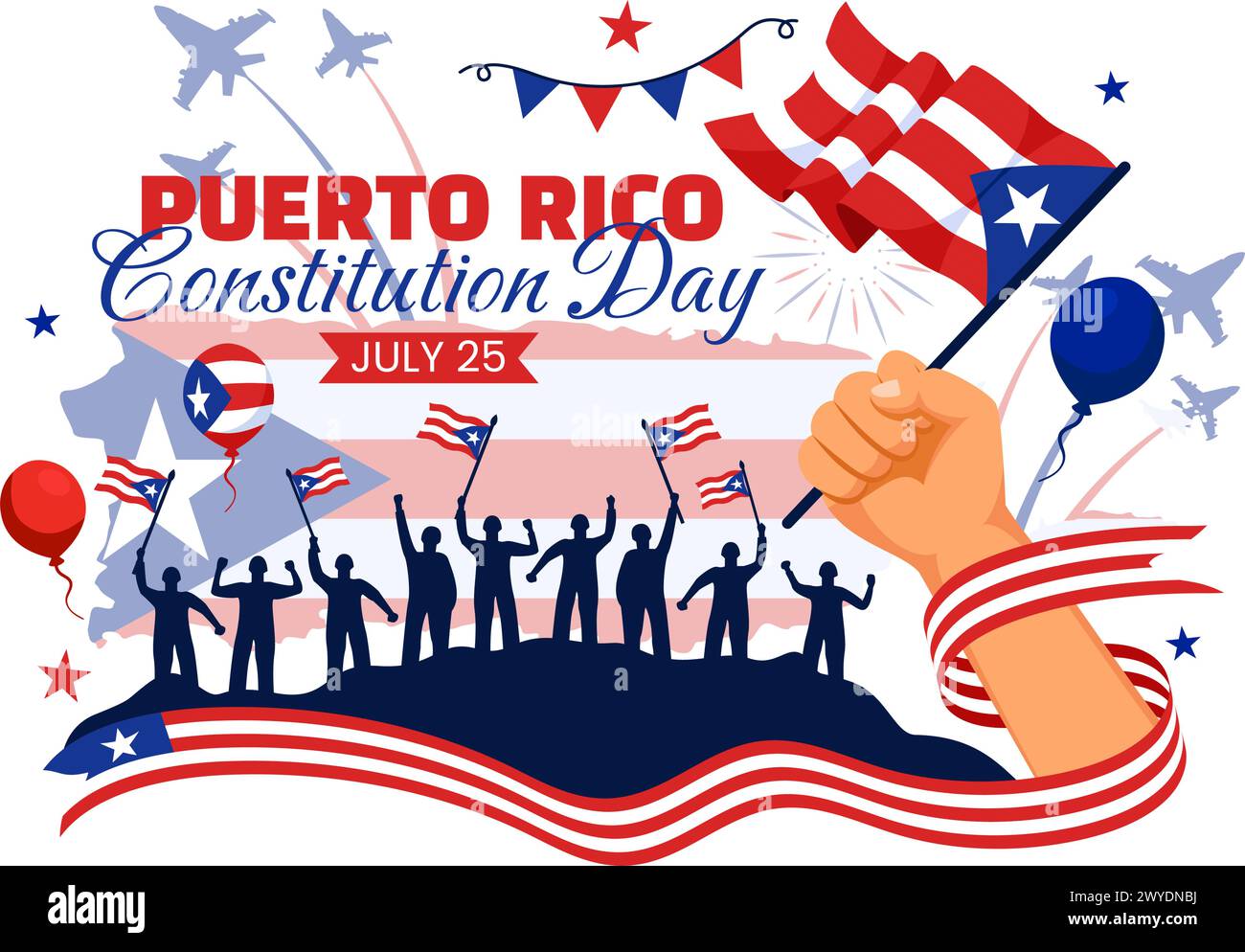 Glücklicher Puerto Rico Konstitutionstag Vektor-Illustration am 25. Juli mit wehender Flagge und Band im National Holiday Flat Cartoon Hintergrund Design Stock Vektor
