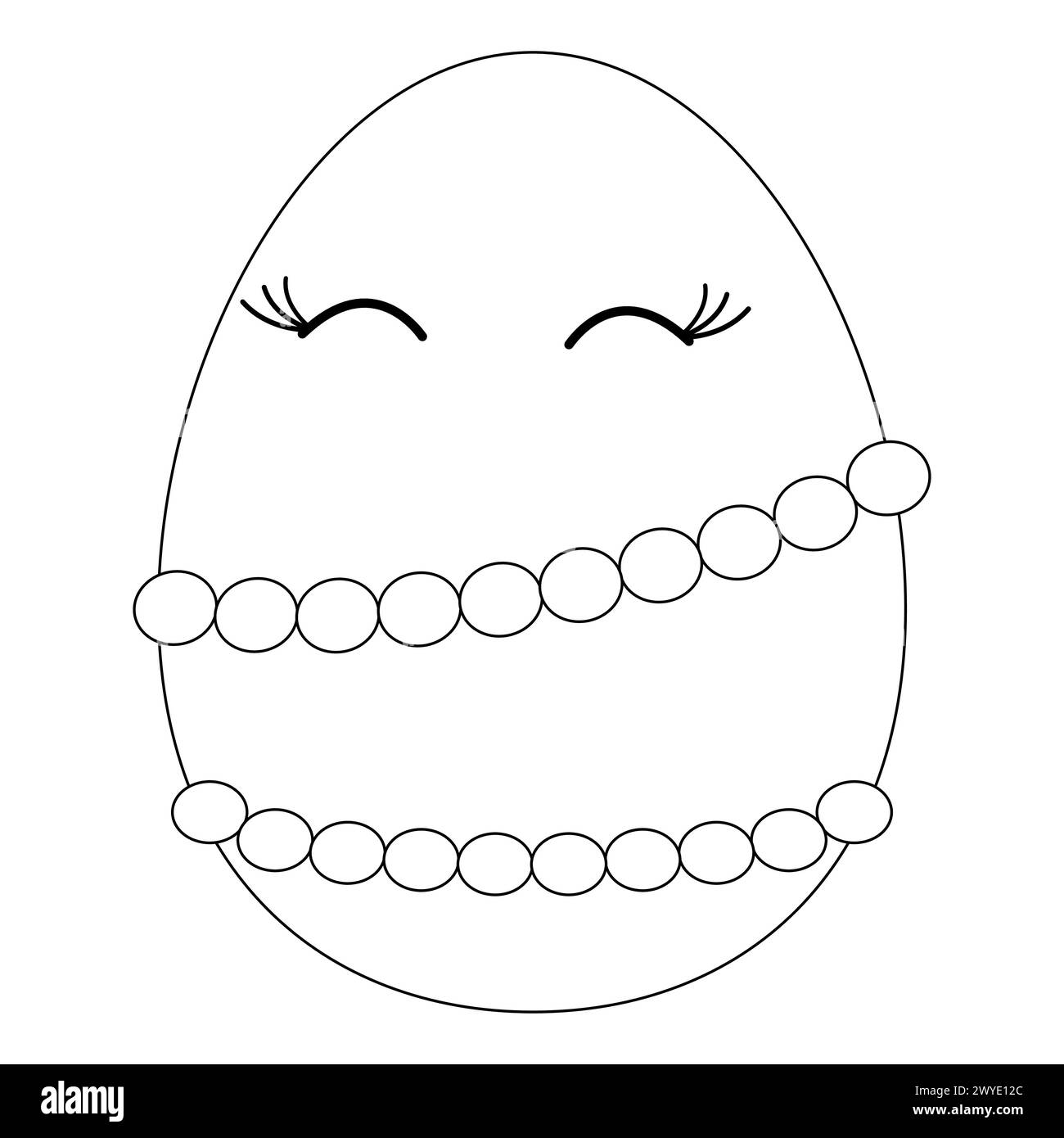 Malbücher für Kinder. Anthropomorphe glückliche Ostereierin in Perlen gekleidet. Vektor-Schwarzweiß-Zeichnung Stock Vektor
