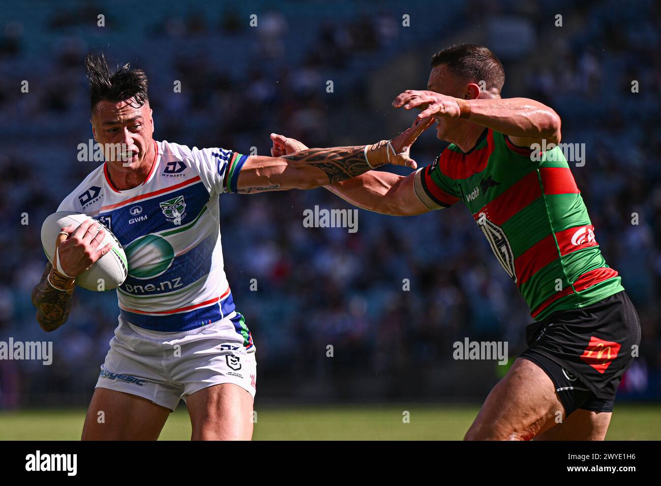 Sydney, Australien. April 2024. Charnze Nicoll-Klokstad von den Warriors während des Spiels der NRL Runde 5 zwischen den South Sydney Rabbitohs und den New Zealand Warriors im Accor Stadium in Sydney am Samstag, 6. April 2024. (AAP Image/James Gourley) KEINE ARCHIVIERUNG, NUR REDAKTIONELLE VERWENDUNG Credit: Australian Associated Press/Alamy Live News Stockfoto