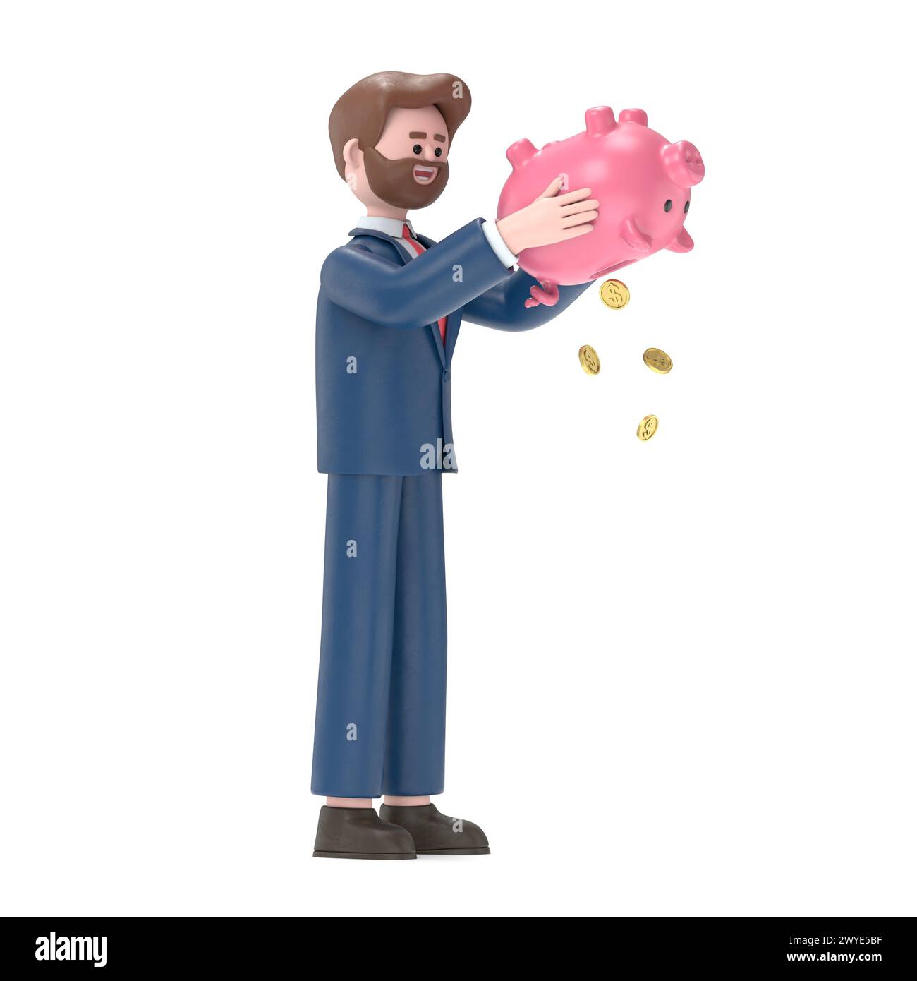 3D-Illustration eines Geschäftsmannes mit Schweinebank. Financial Crisis Concept, 3D-Illustration im Cartoon-Stil Design.3D-Rendering auf weißem Hintergrund Stockfoto