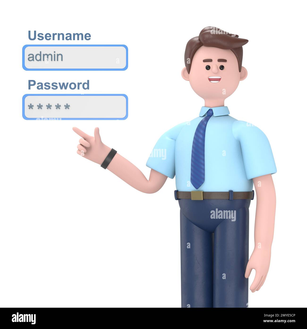 3D-Illustration eines Geschäftsmannes Admin-Netzwerkingenieurs, der Benutzername- und Kennwortfelder einloggen lässt.3D-Rendering auf weißem Hintergrund Stockfoto