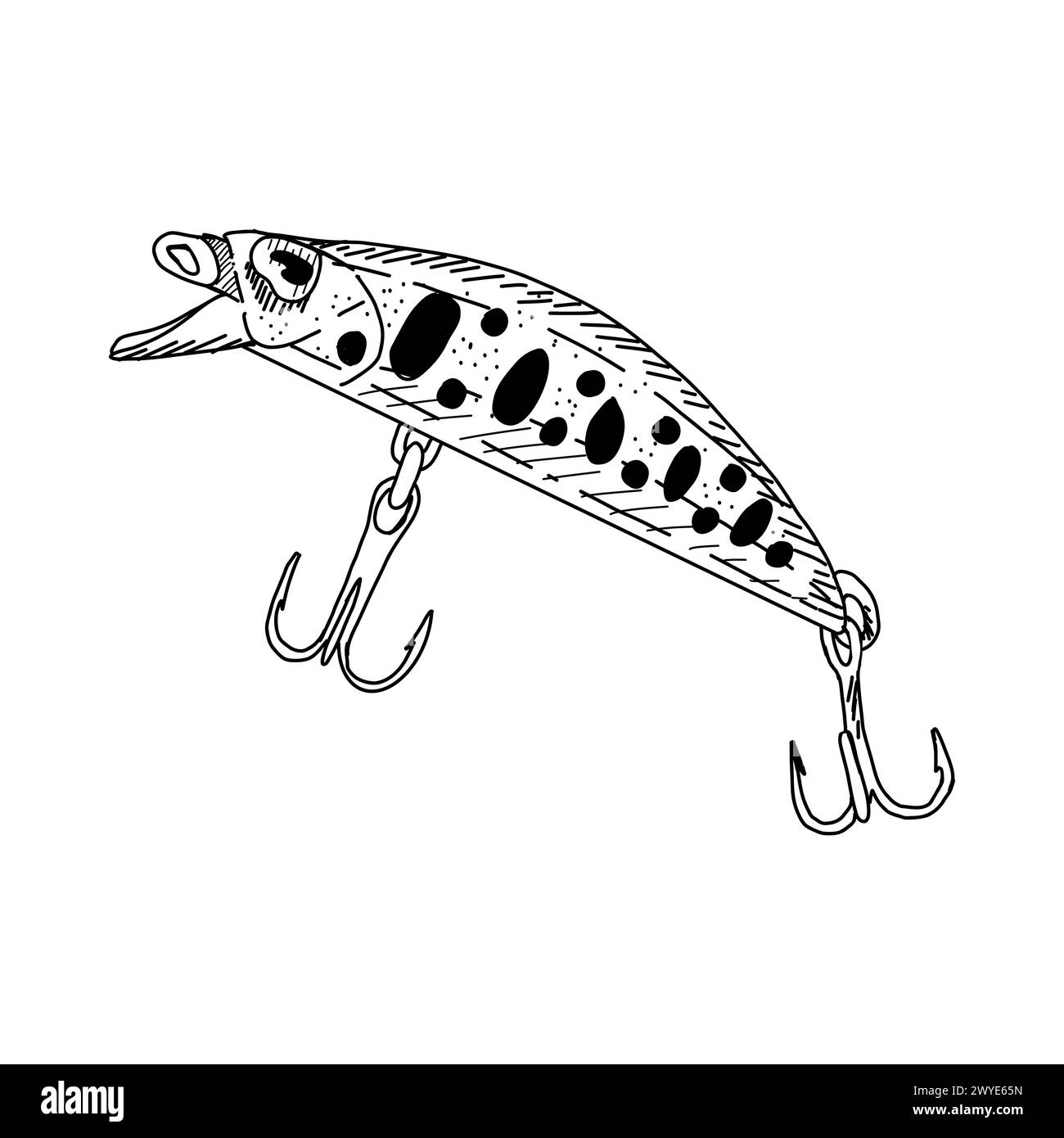 Fischhaken Minnow Vektor Illustration Tackle. Fliegen-Taubendreher-Köder-Fütterung. Zeichnung der Köderlinie. Silhouette der Tinte Schwarze Umrissgrafik. Angellöffel Stock Vektor