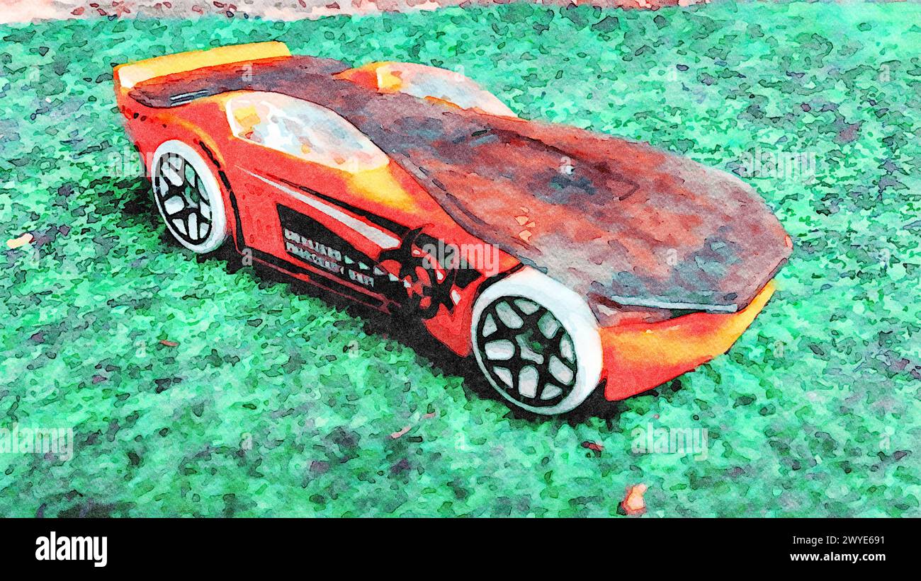 Stockholm, Schweden, 16. April 2020. Aquarell für ein oranges Rennauto Stockfoto