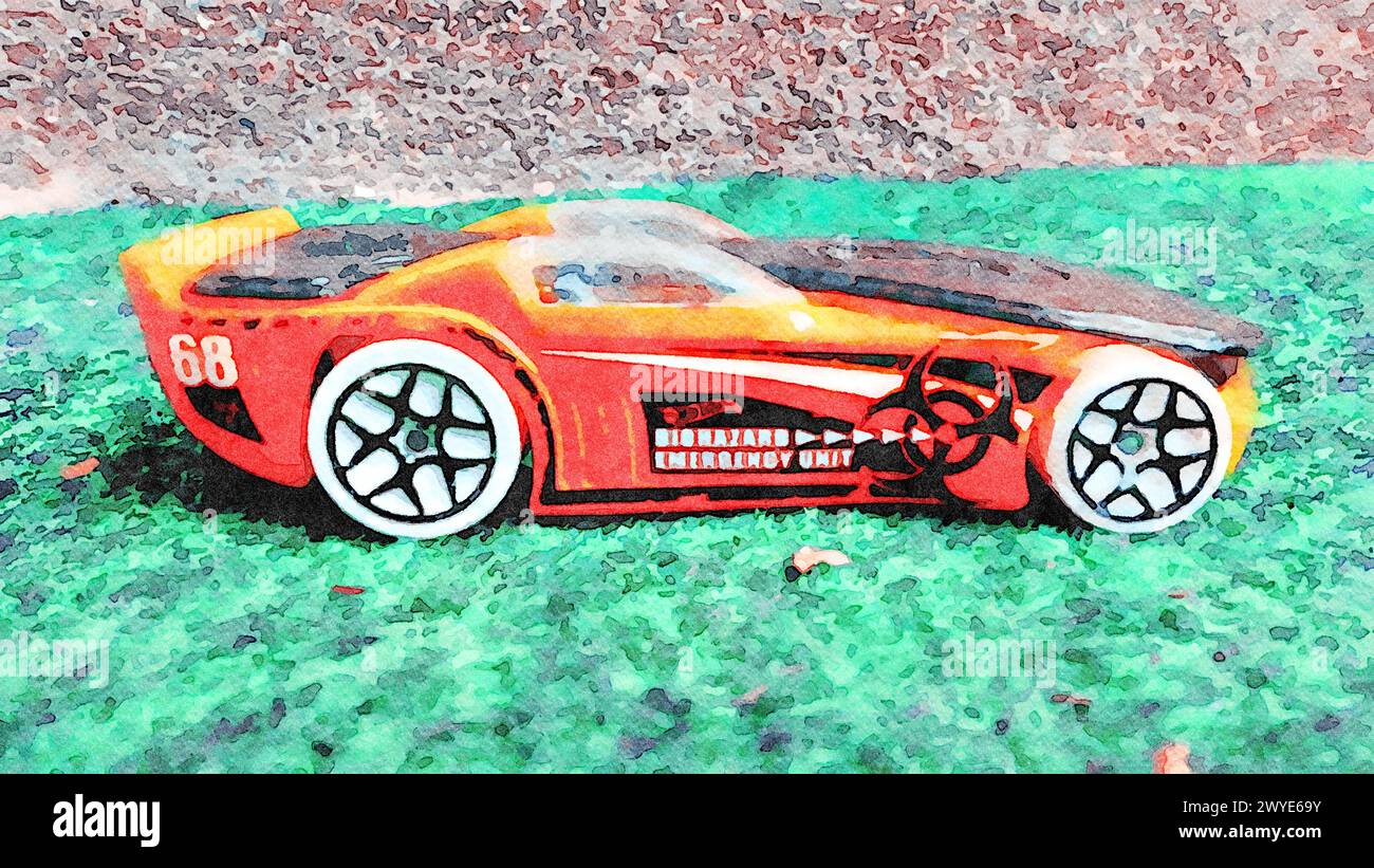 Stockholm, Schweden, 16. April 2020. Aquarell für ein oranges Rennauto Stockfoto