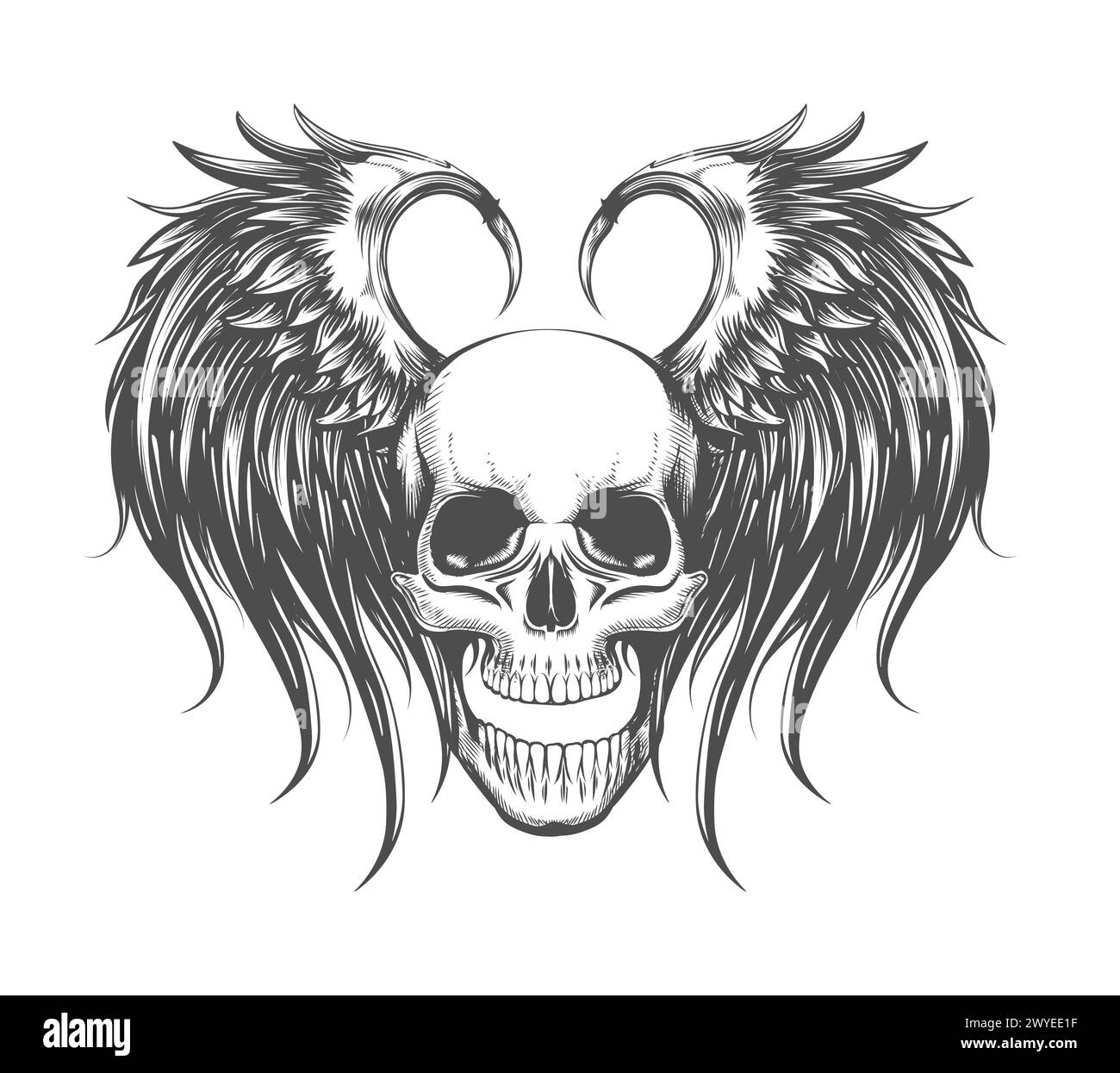Menschlicher Schädel mit Flügeln, die Tattoo-Design auf weiß gravieren. Es wurde keine AI verwendet. Stock Vektor
